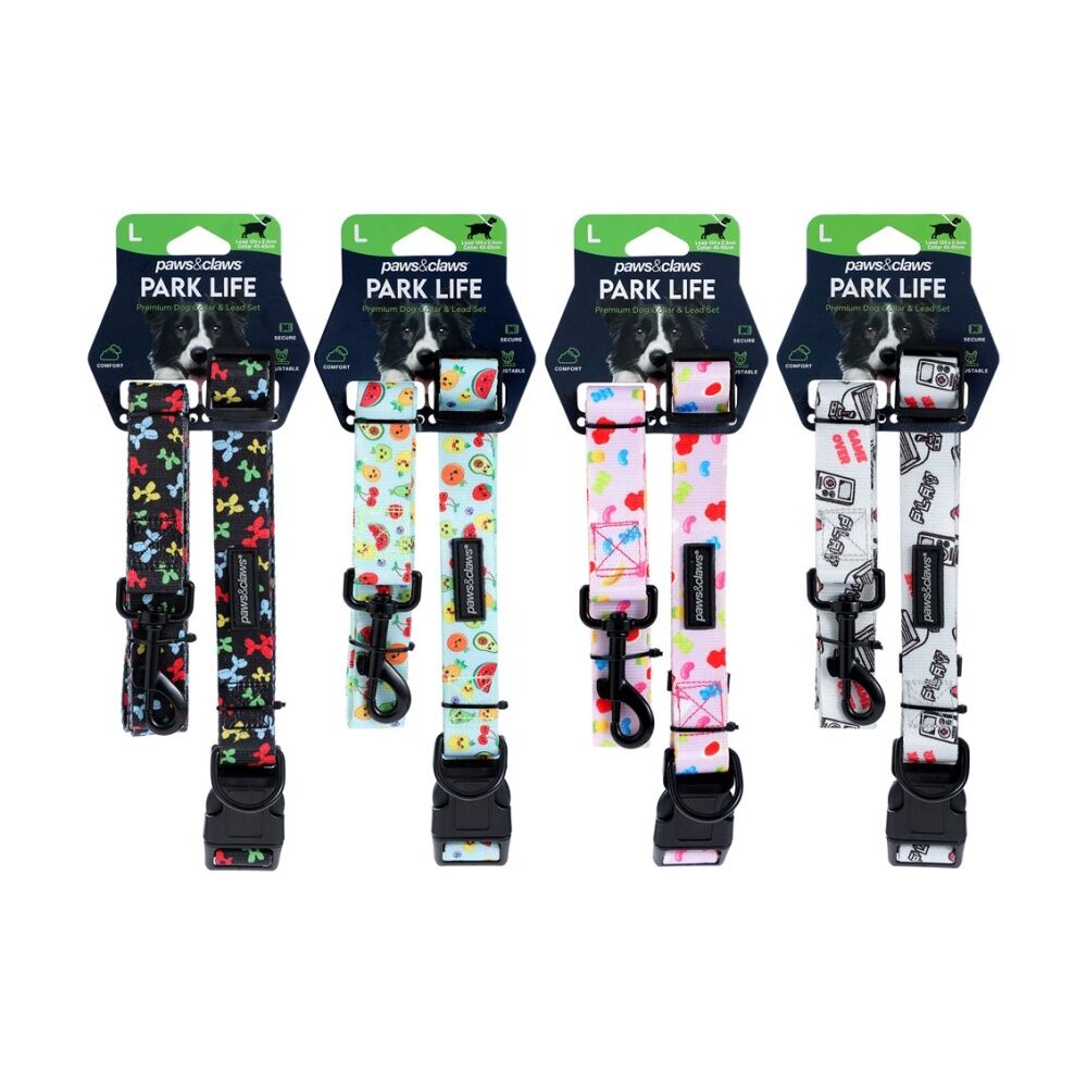 6x Paws And Claws Park Life Dog Collar & Lead Set Large 45-65cm 120x2.5cm Assorted