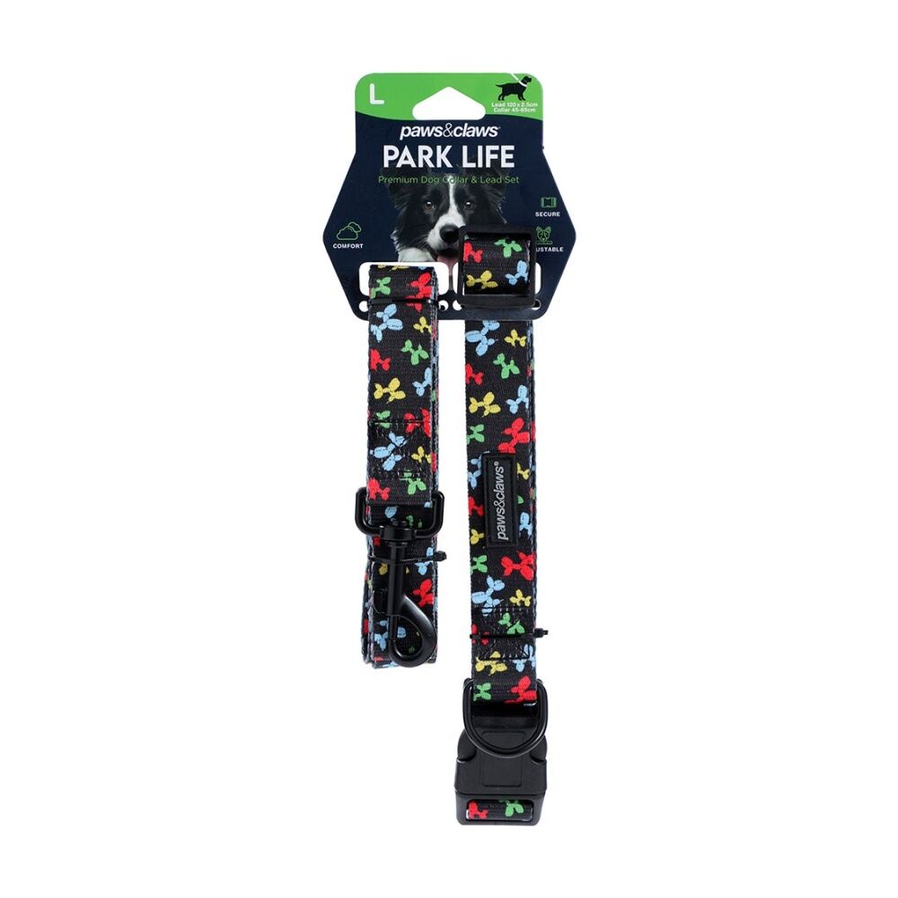 6x Paws And Claws Park Life Dog Collar & Lead Set Large 45-65cm 120x2.5cm Assorted