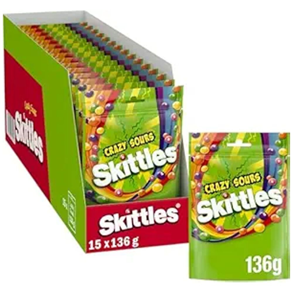 15PK Skittles Crazy Sours Pouch 136g Fruit Flavour Sour Lollies/Gummies