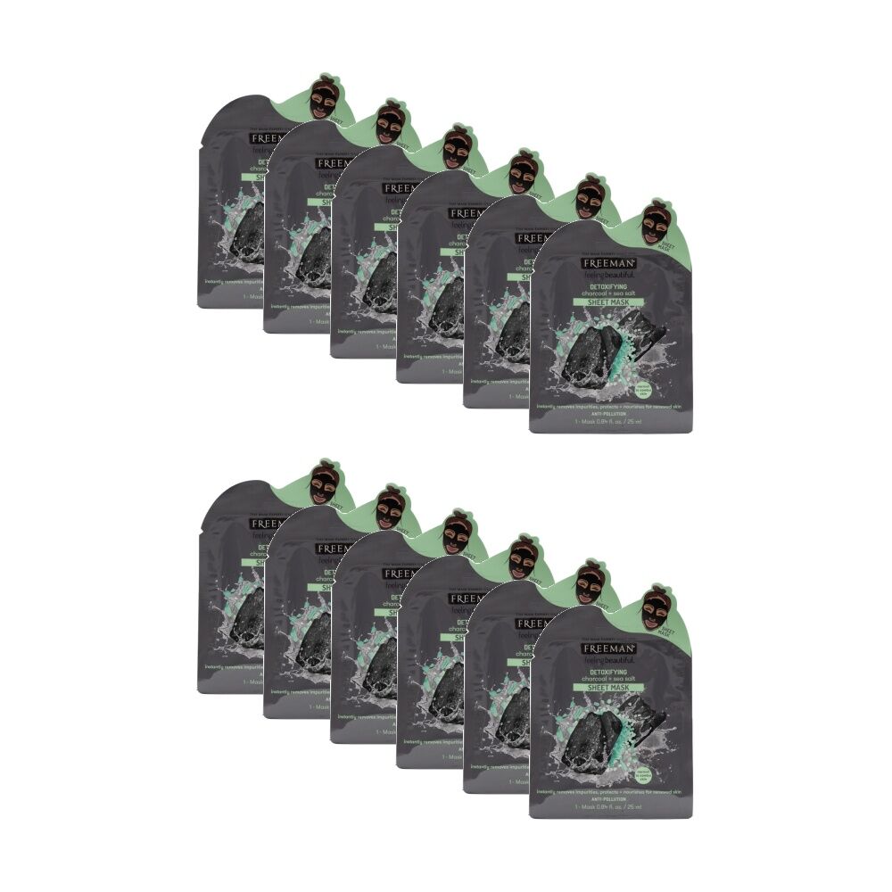 12PK Freeman Sheet Mask Detoxifying Charcoal & Sea Salt Normal/Combo Skin 25ml