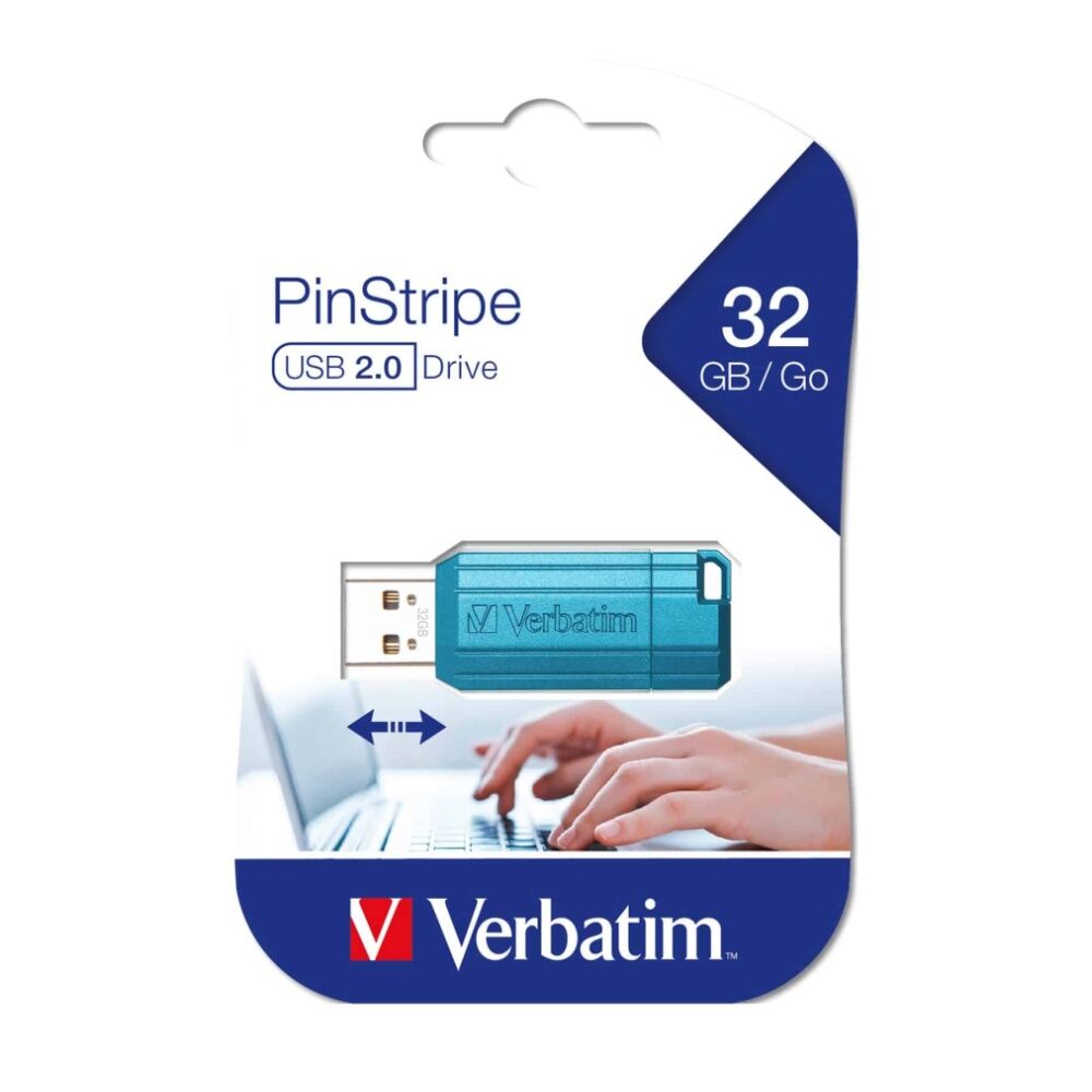 2PK VERBATIM Pinstripe Retractable USB 2.0 Flash Drive 32GB Caribbean Blue