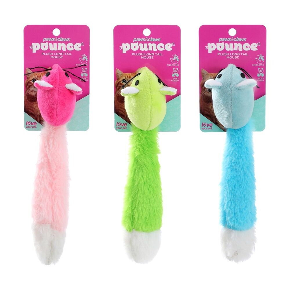 6x Paws And Claws Plush Long Tail Mouse Cat Batting/Pouncing Toy Assorted