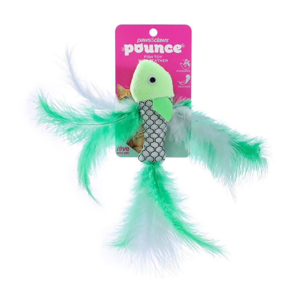 12x Paws And Claws Fish Feather Cat Batting/Pouncing Play Toy 21x4cm Assorted