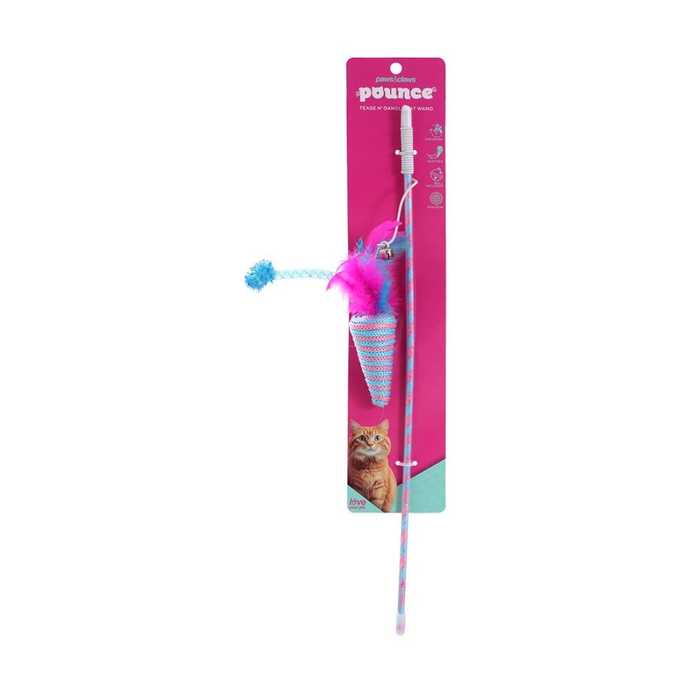 12PK Paws And Claws Pounce Tease N Dangle Cat Toy Wand Bell Assorted 46x0.4cm