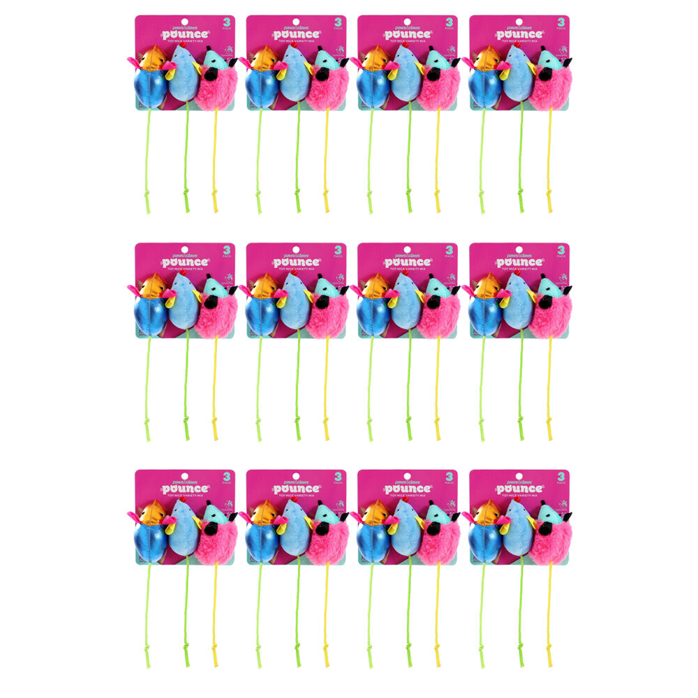 12x 3pc Paws And Claws Mice Variety Mix Cat Batting/Pouncing Toy Set Assorted