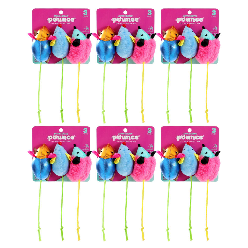 6x 3pc Paws And Claws Mice Variety Mix Cat Batting/Pouncing Toy Set Assorted