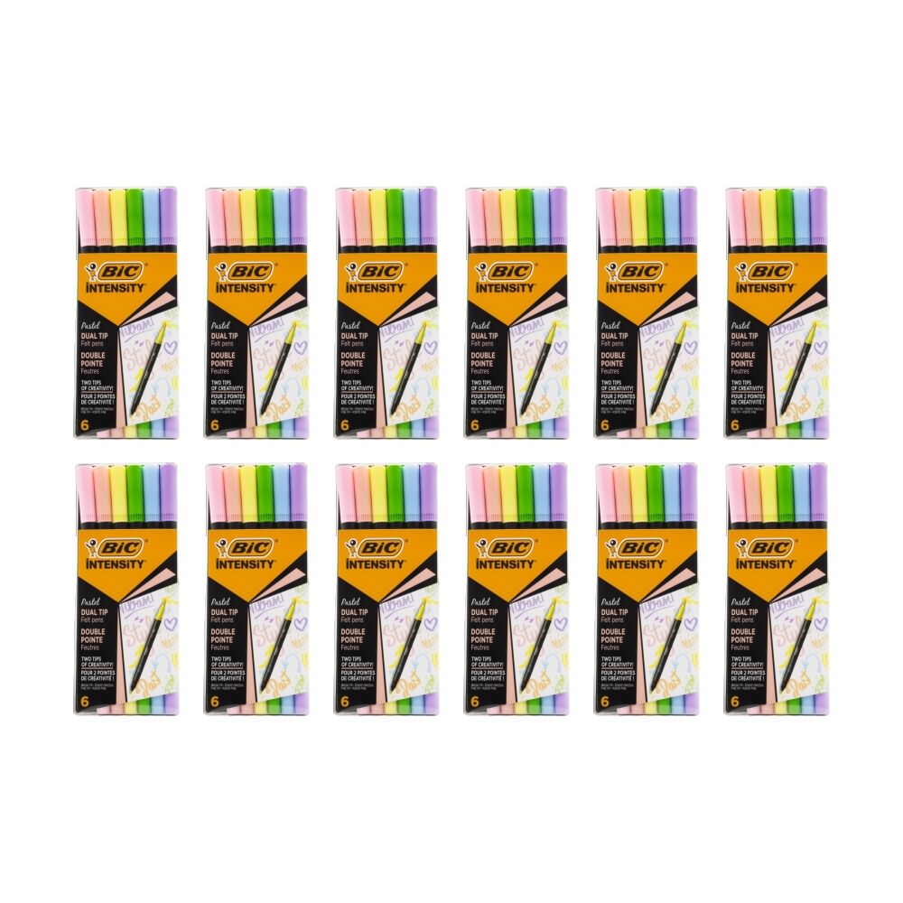 12PK Bic Dual Tip Felt Pens Intensity Assorted Colours Pastel Shades Set 6pc