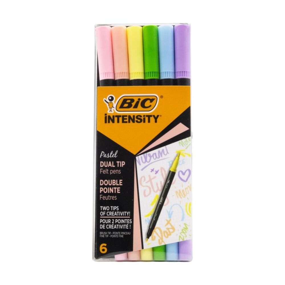12PK Bic Dual Tip Felt Pens Intensity Assorted Colours Pastel Shades Set 6pc