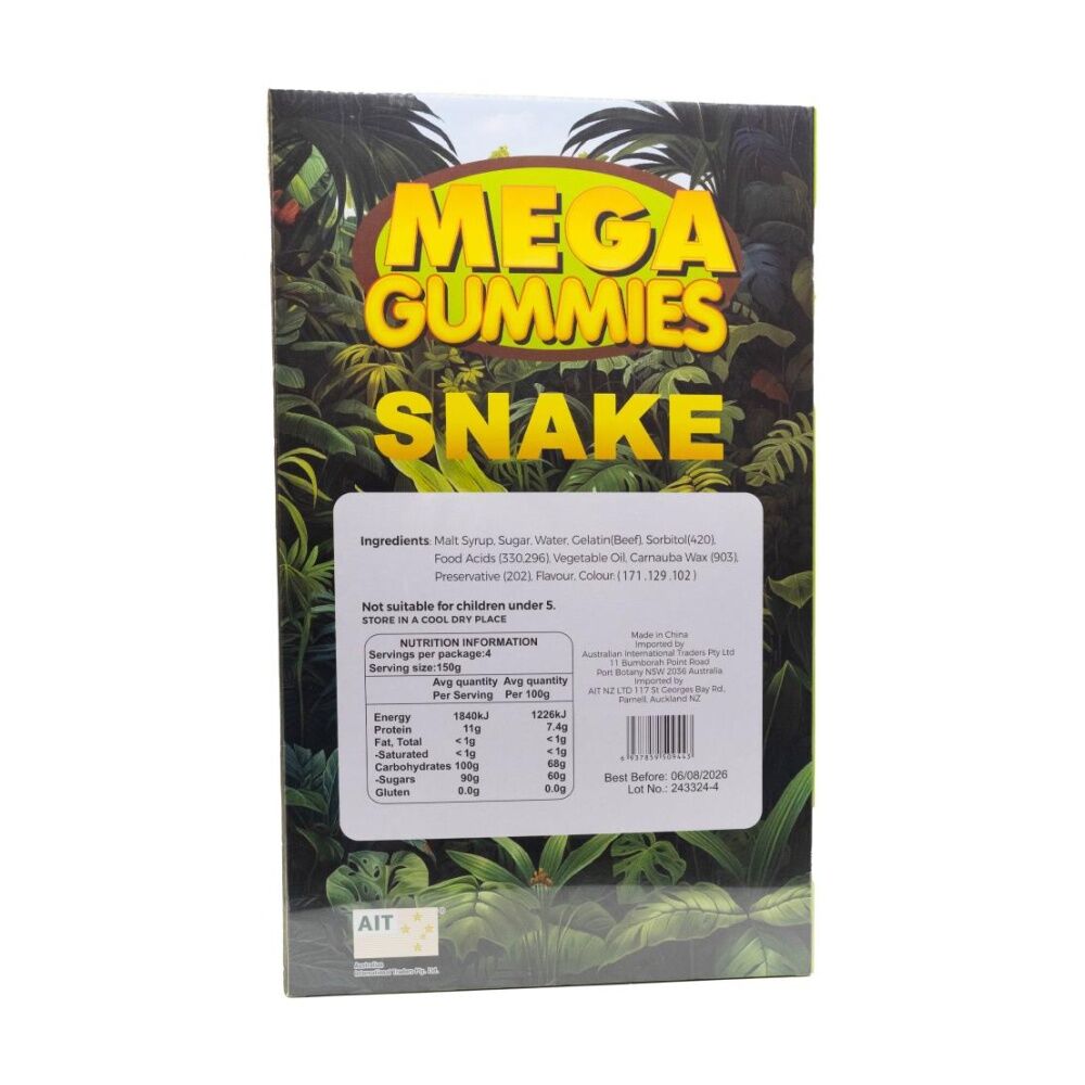 16PK Mega Gummies Snake Red Raspberry Flavour Gummy Lolly 600g