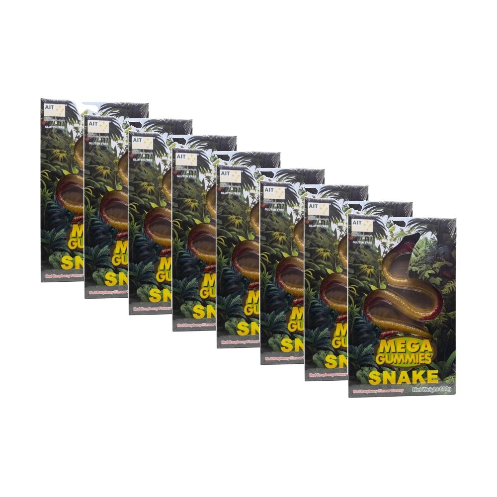 8PK Mega Gummies Snake Red Raspberry Flavour Gummy Lolly 600g