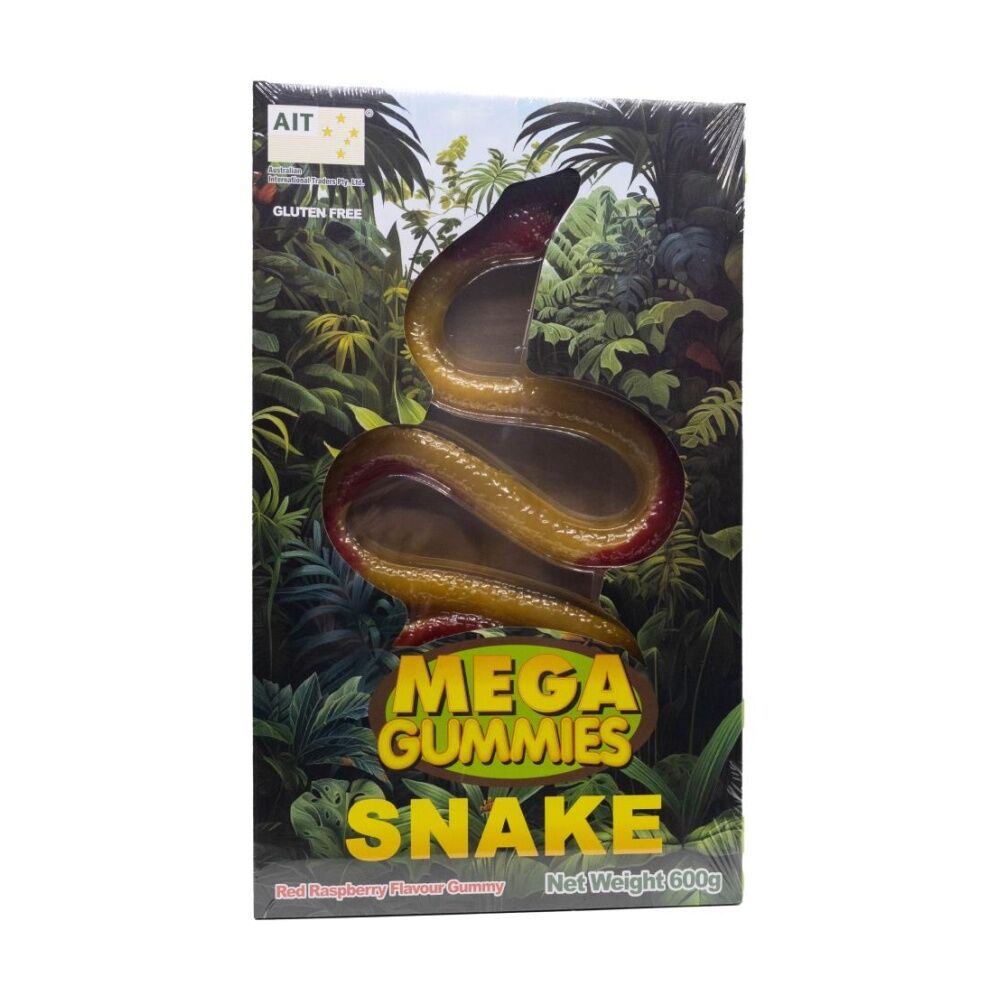 8PK Mega Gummies Snake Red Raspberry Flavour Gummy Lolly 600g