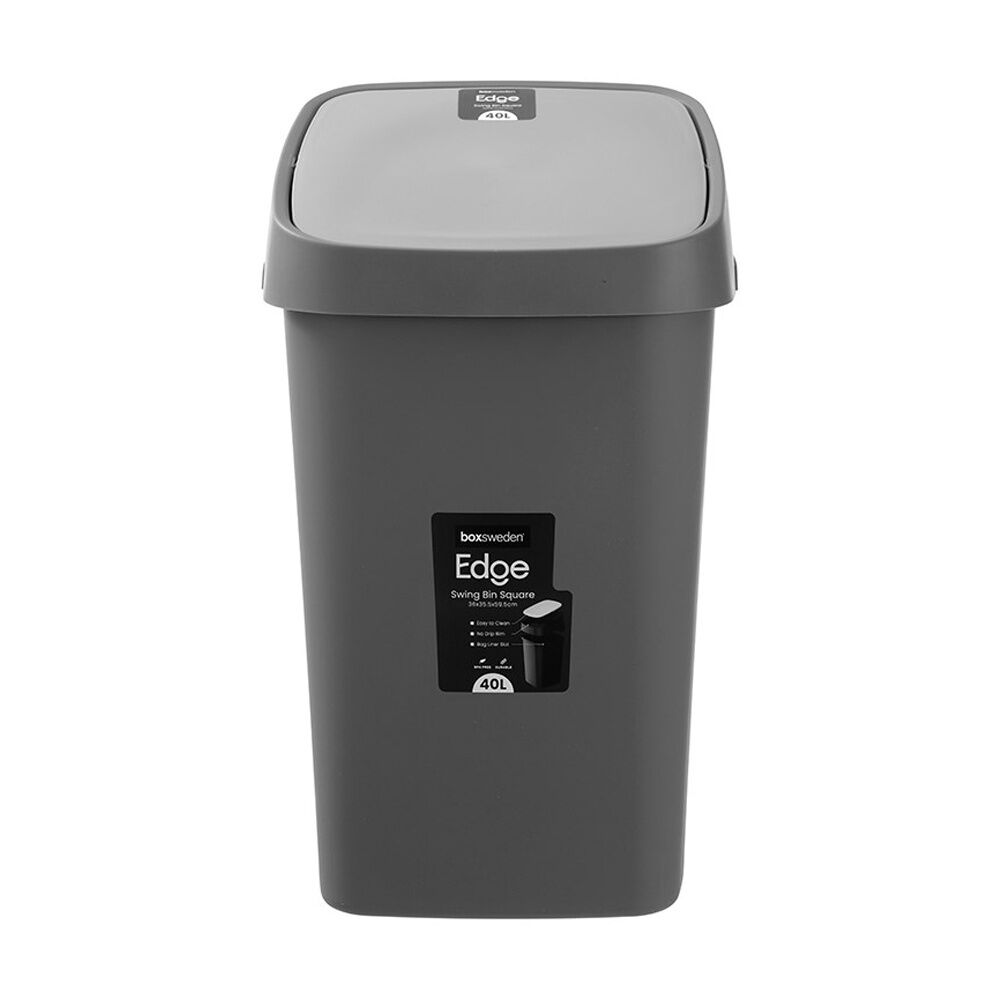 Boxsweden Edge Swing Easy Clean Rubbish Bin W/ No Drip Rim Charocal Square 40L