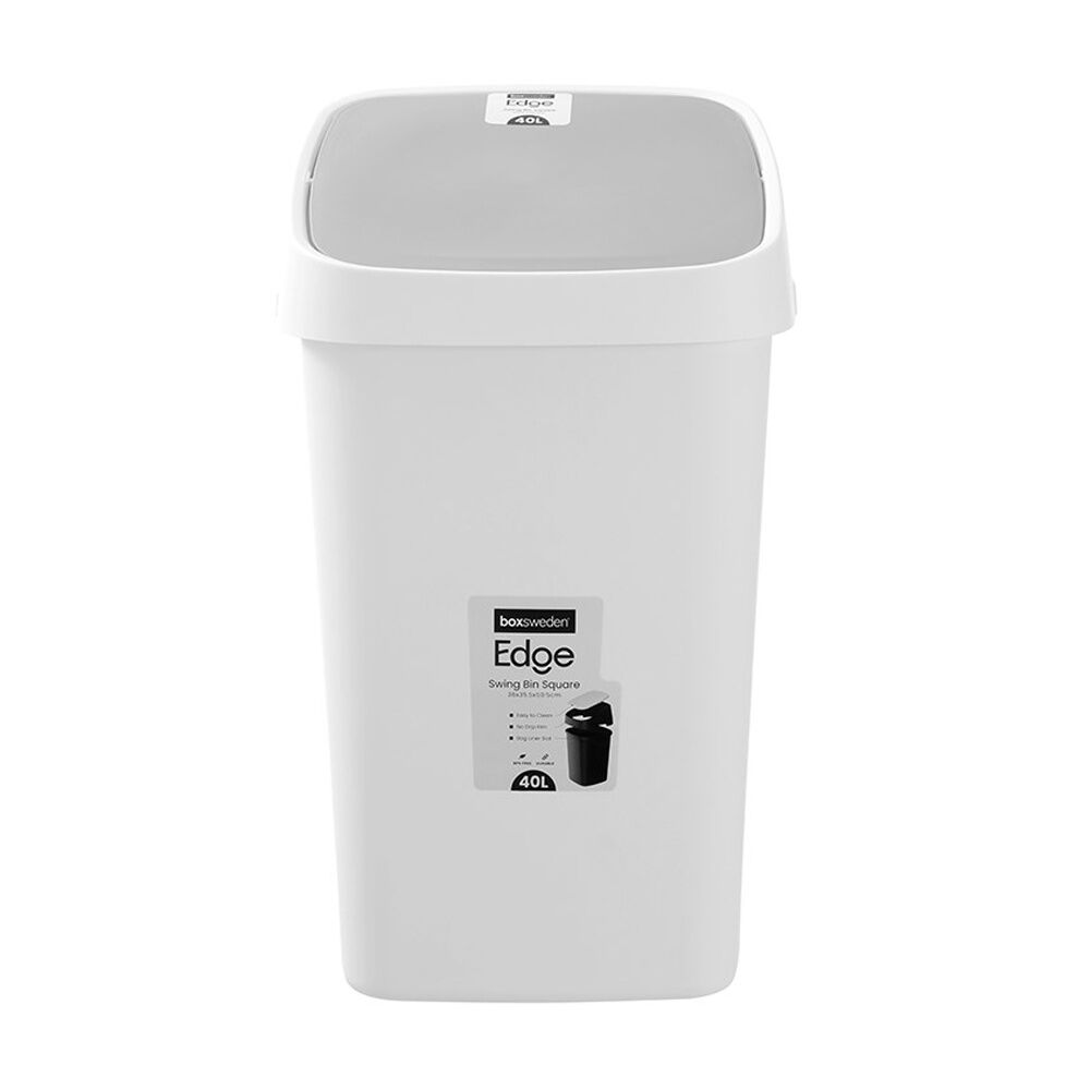 Boxsweden Edge Swing Easy Clean Rubbish Bin W/ No Drip Rim White Square 40L