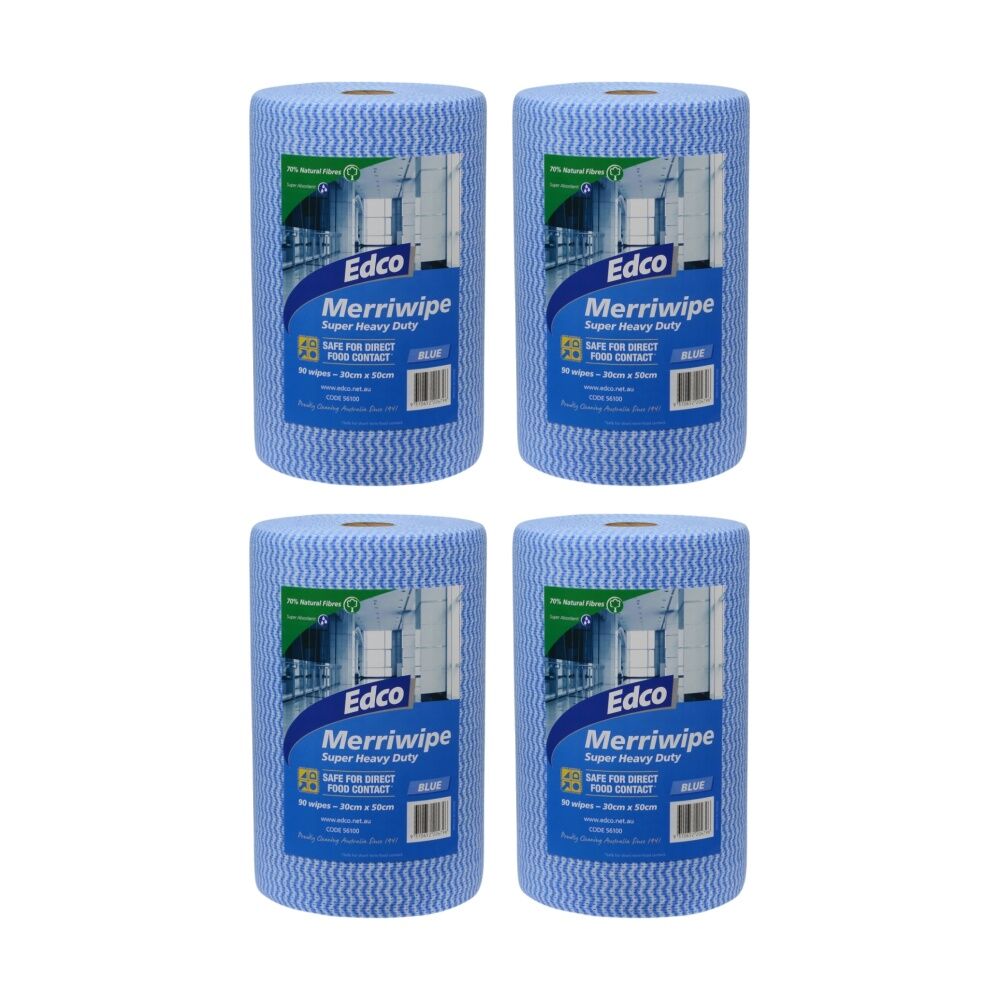 4PK 90pc Edco Merriwipe Super Heavy Duty Thick Cleaning Absorption Wipes Roll Blue