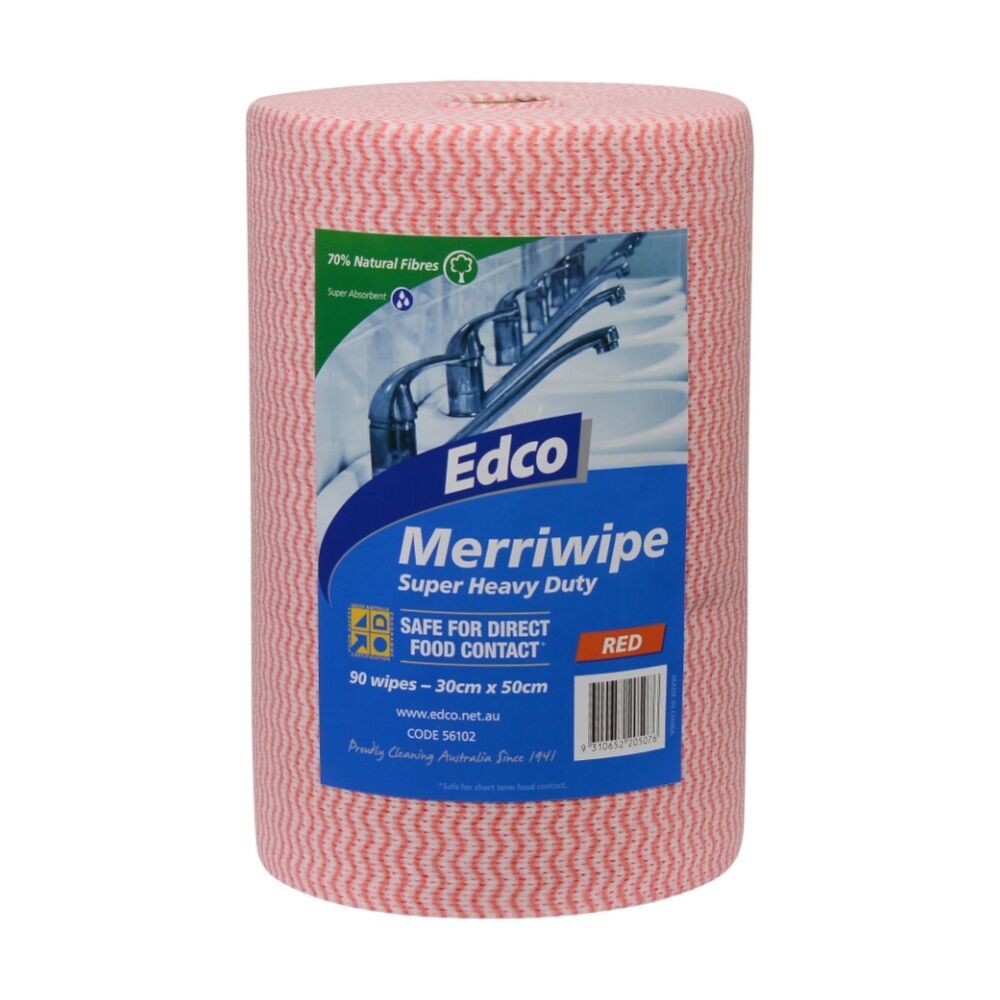 90pc Edco Merriwipe Super Heavy Duty Thick Cleaning Absorption Wipes Roll Red