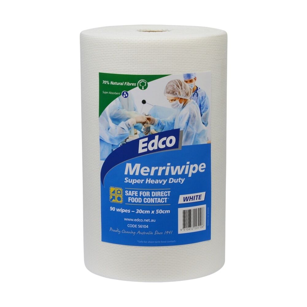 90pc Edco Merriwipe Super Heavy Duty Thick Cleaning Absorption Wipes Roll White