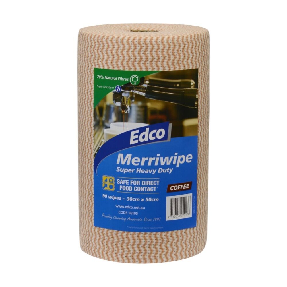 90pc Edco Merriwipe Super Heavy Duty Thick Cleaning Absorption Wipes Roll Coffee