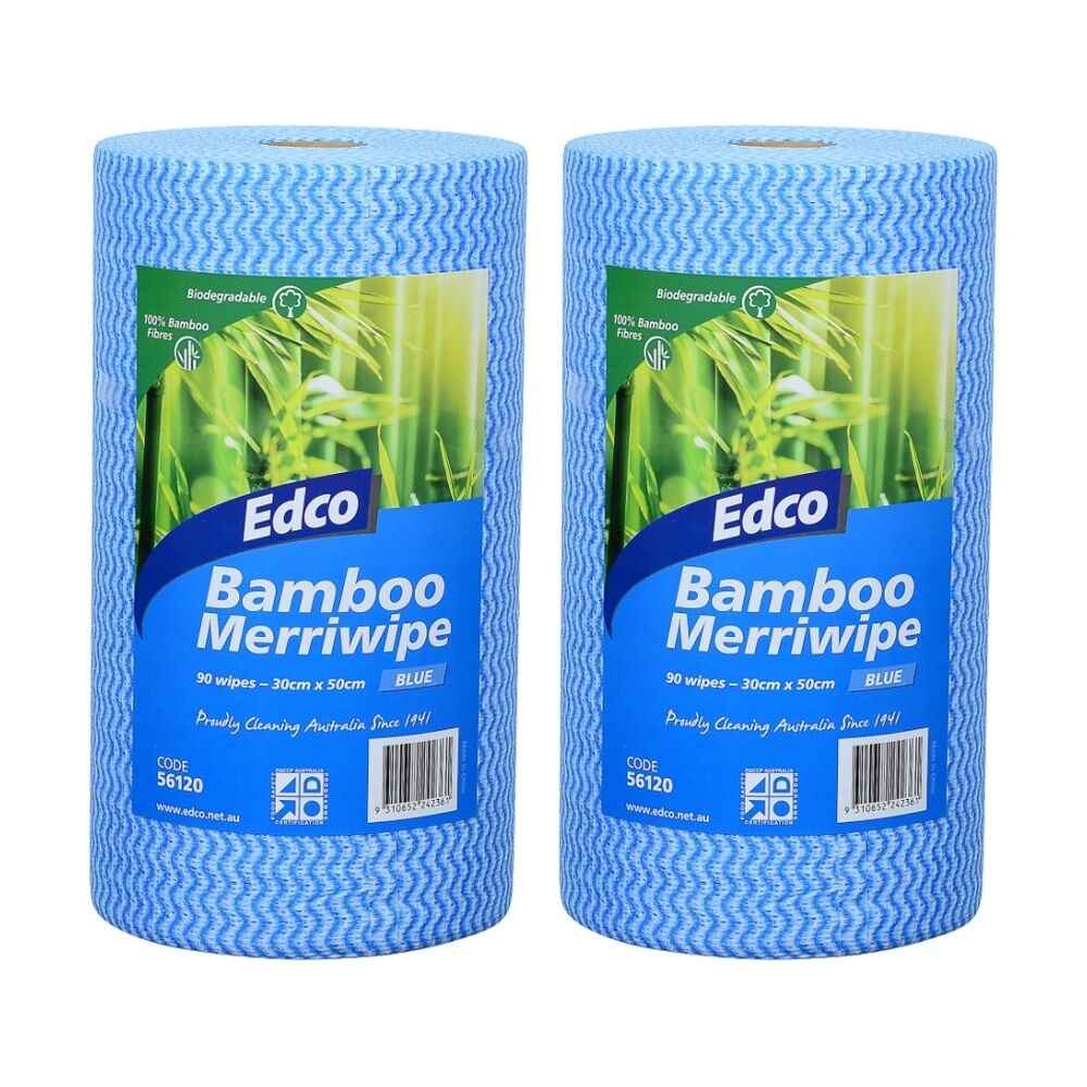 2x 90pc Edco Bamboo Merriwipe Cloth Reusable Surface Cleaning Rolls Blue