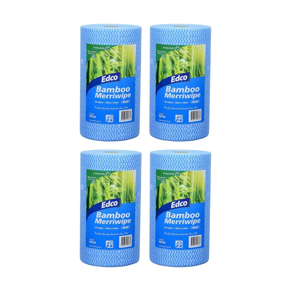 4PK 90pc Edco Bamboo Merriwipe Cloth Reusable Surface Cleaning Rolls Blue