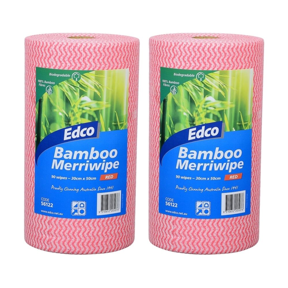 2x 90pc Edco Bamboo Merriwipe Cloth Reusable Surface Cleaning Rolls Red