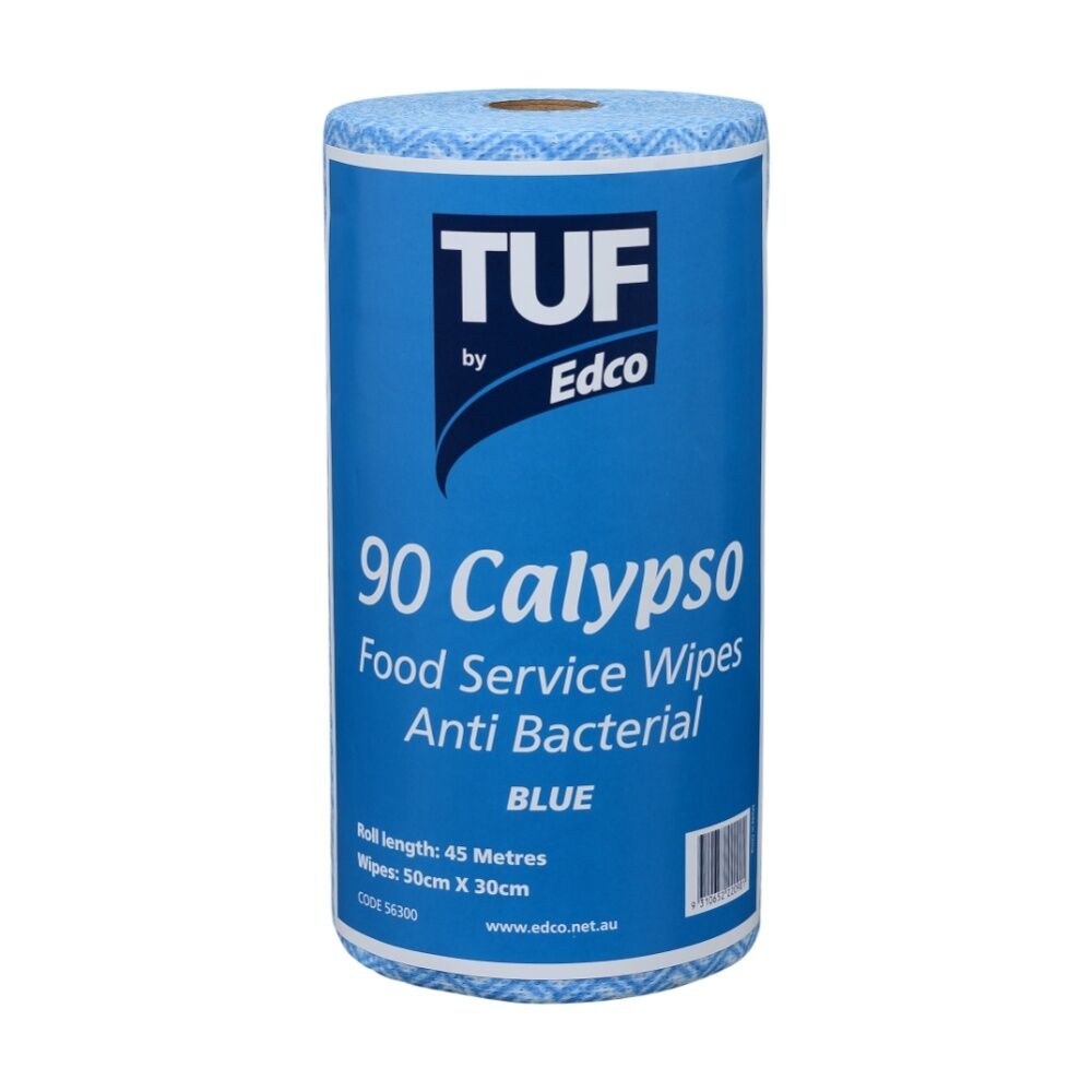 90pc TUF Calypso Antibacterial Food Service Perforated Wipes Roll Blue