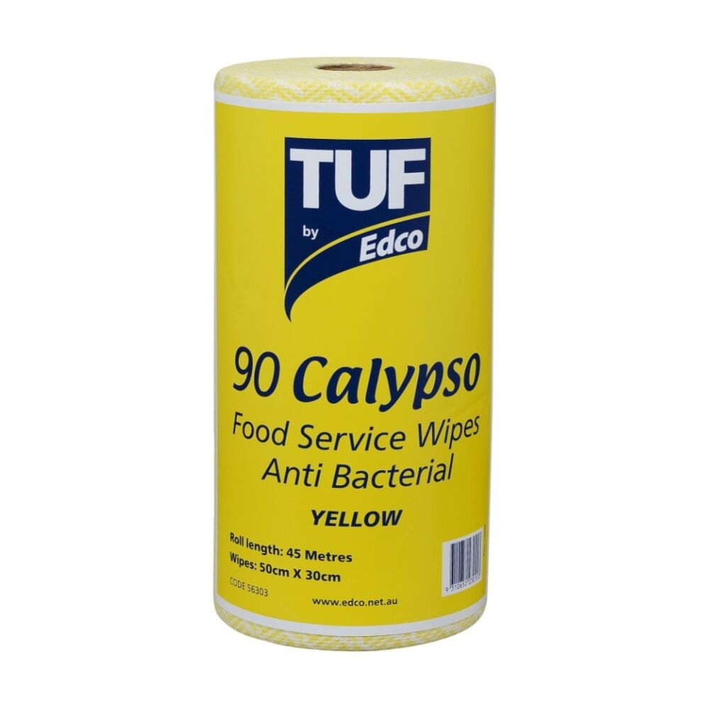 90pc TUF Calypso Antibacterial Food Service Perforated Wipes Roll Yellow