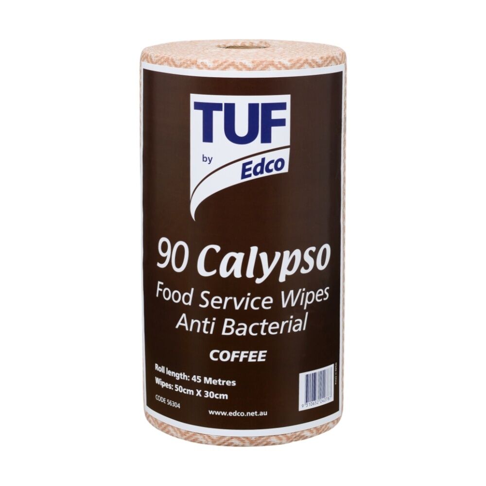 90pc TUF Calypso Antibacterial Food Service Perforated Wipes Roll Coffee