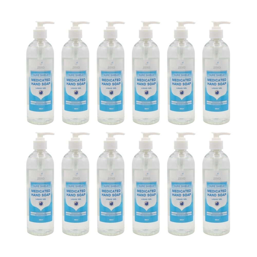 12PK Zexa Medicated Hand Soap Sure Shield Liquid Gel Fragrance Free 485ml