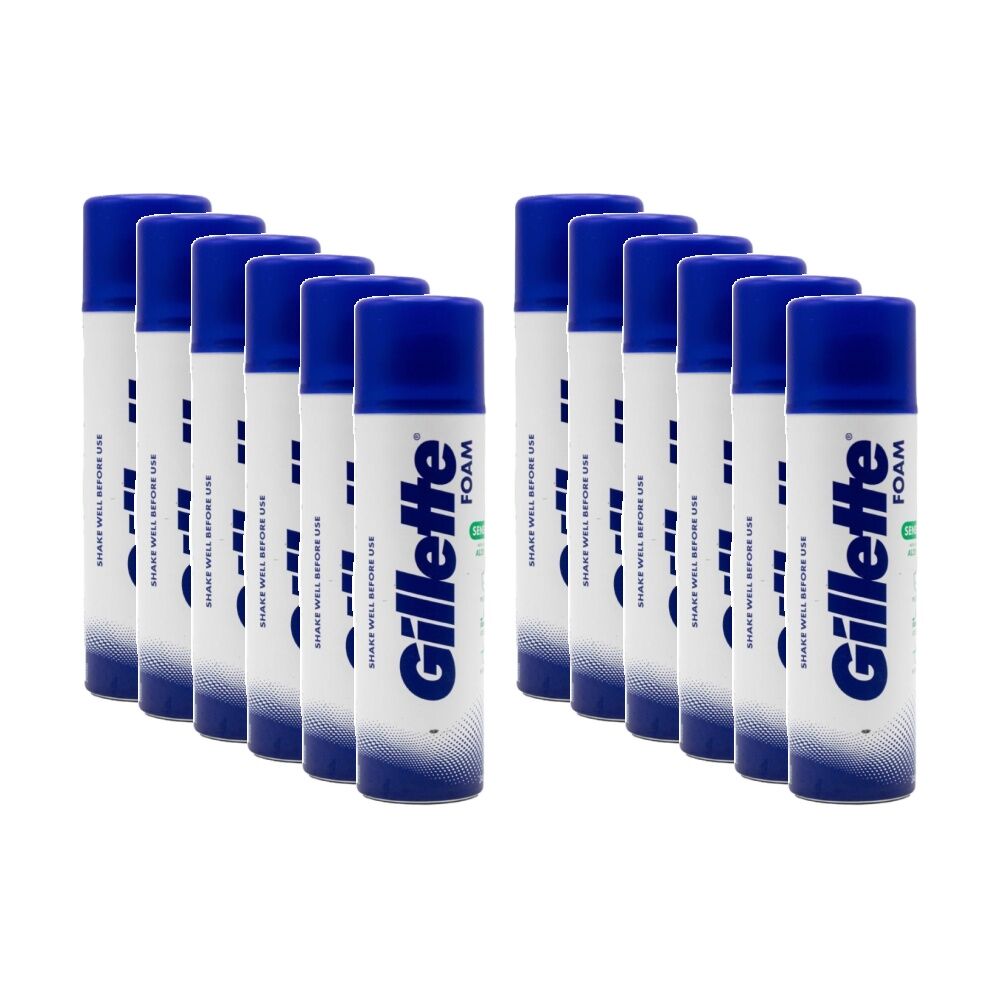 12PK Gillette Sensitive Skin Easy-Rinse Shave Foam With Aloe Vera 245g