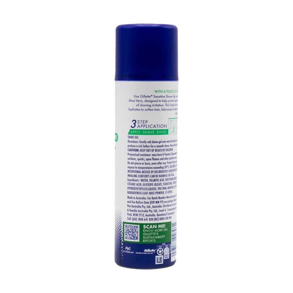 12PK Gillette Sensitive Skin Shave Gel Aloe Vera For Improved Razor Glide 195g