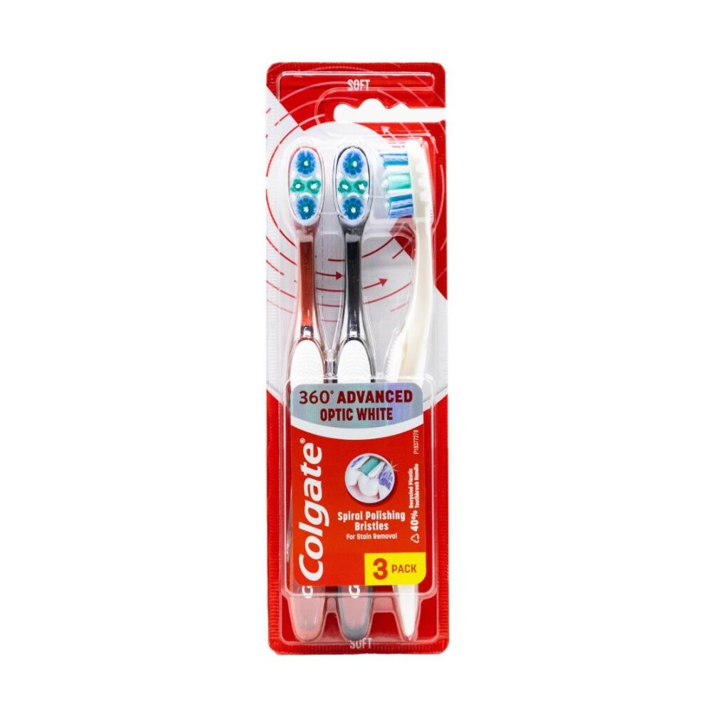 12x 3pc Colgate Toothbrush 360 Advanced Optic White Soft Assorted Colours