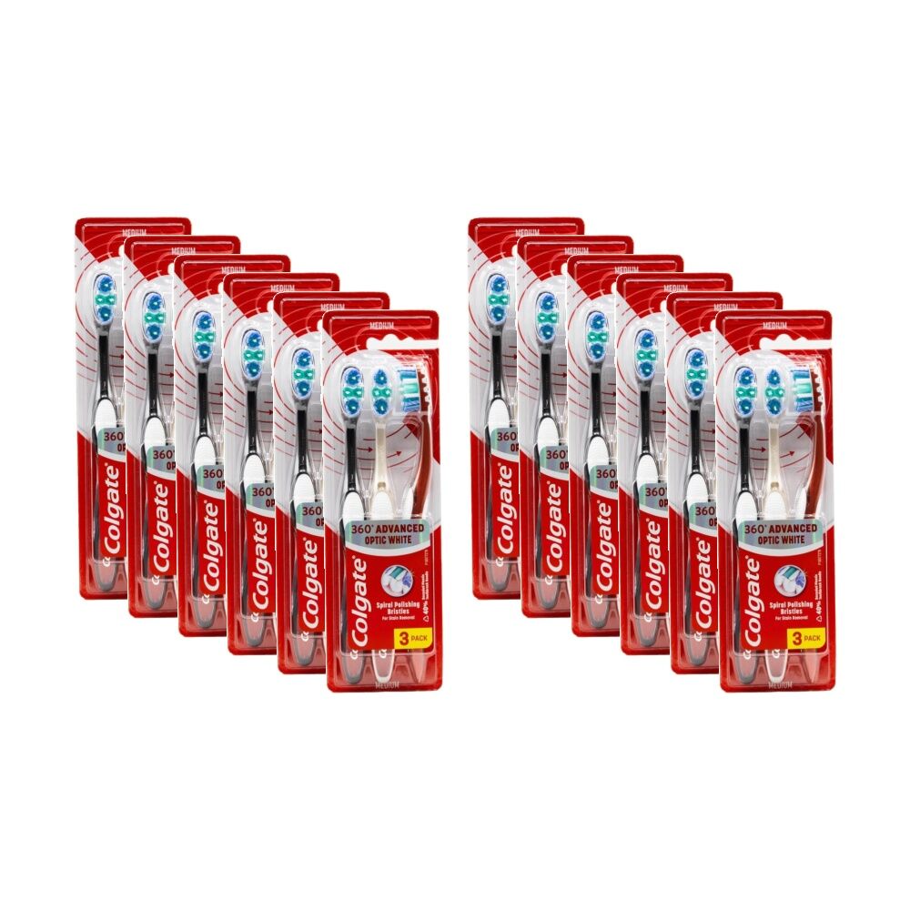 12x 3pc Colgate Toothbrush 360 Advanced Optic White Medium Assorted Colours