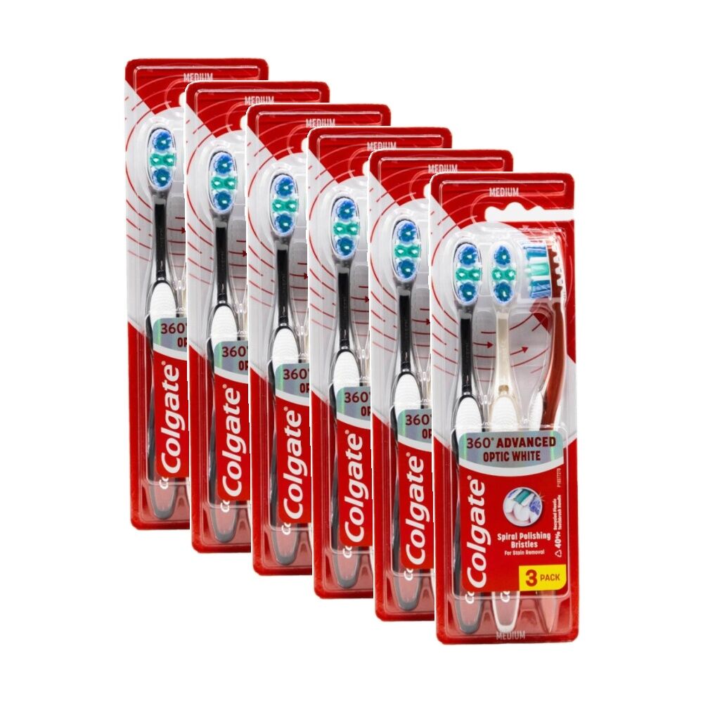 6x 3pc Colgate Toothbrush 360 Advanced Optic White Medium Assorted Colours