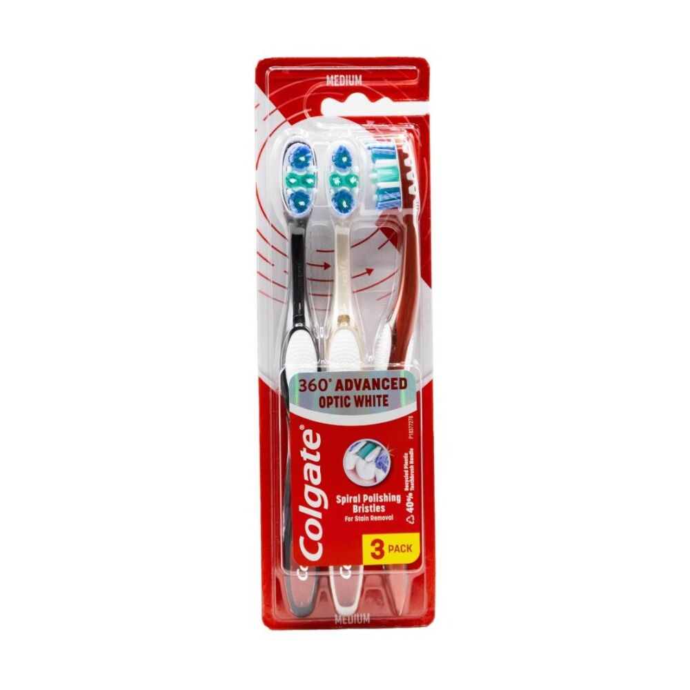 6x 3pc Colgate Toothbrush 360 Advanced Optic White Medium Assorted Colours