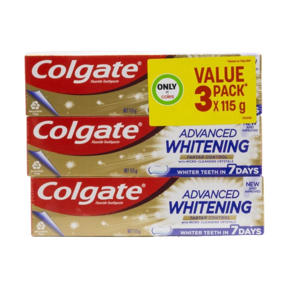 4x 3pc Colgate Advanced Whitening Tartar Control Toothpaste Value Pack 115g