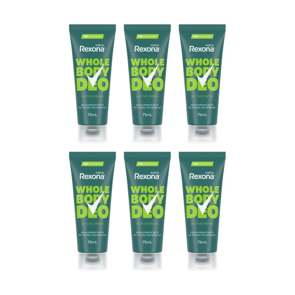6PK Rexona 72H Whole Body Deo Men Active Fresh 75mL Odour Control