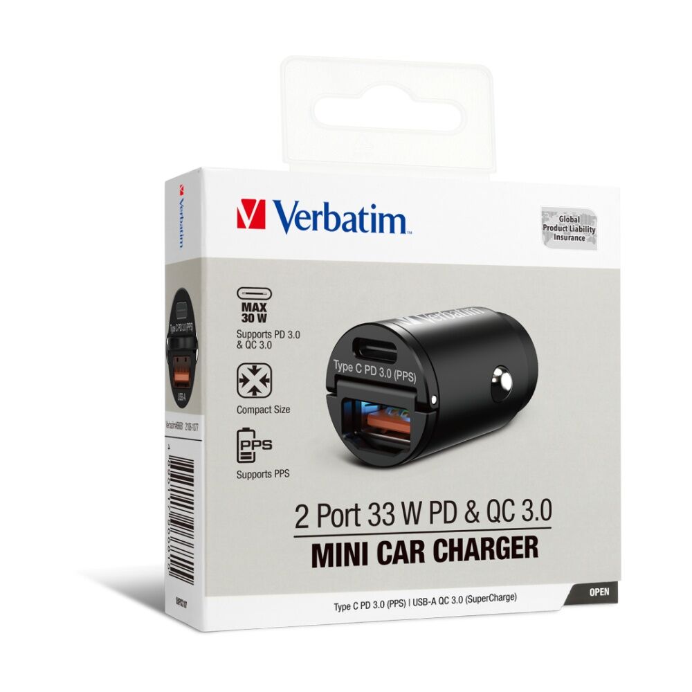 2PK VERBATIM Car Charger 2 Ports Power Delivery Quick Charge Mini 30W Black