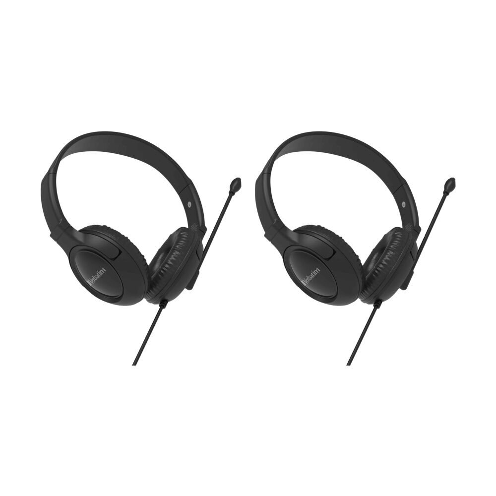 2PK VERBATIM Multimedia Wired Overear Headset W/ Noise Cancelling Boom Mic Black