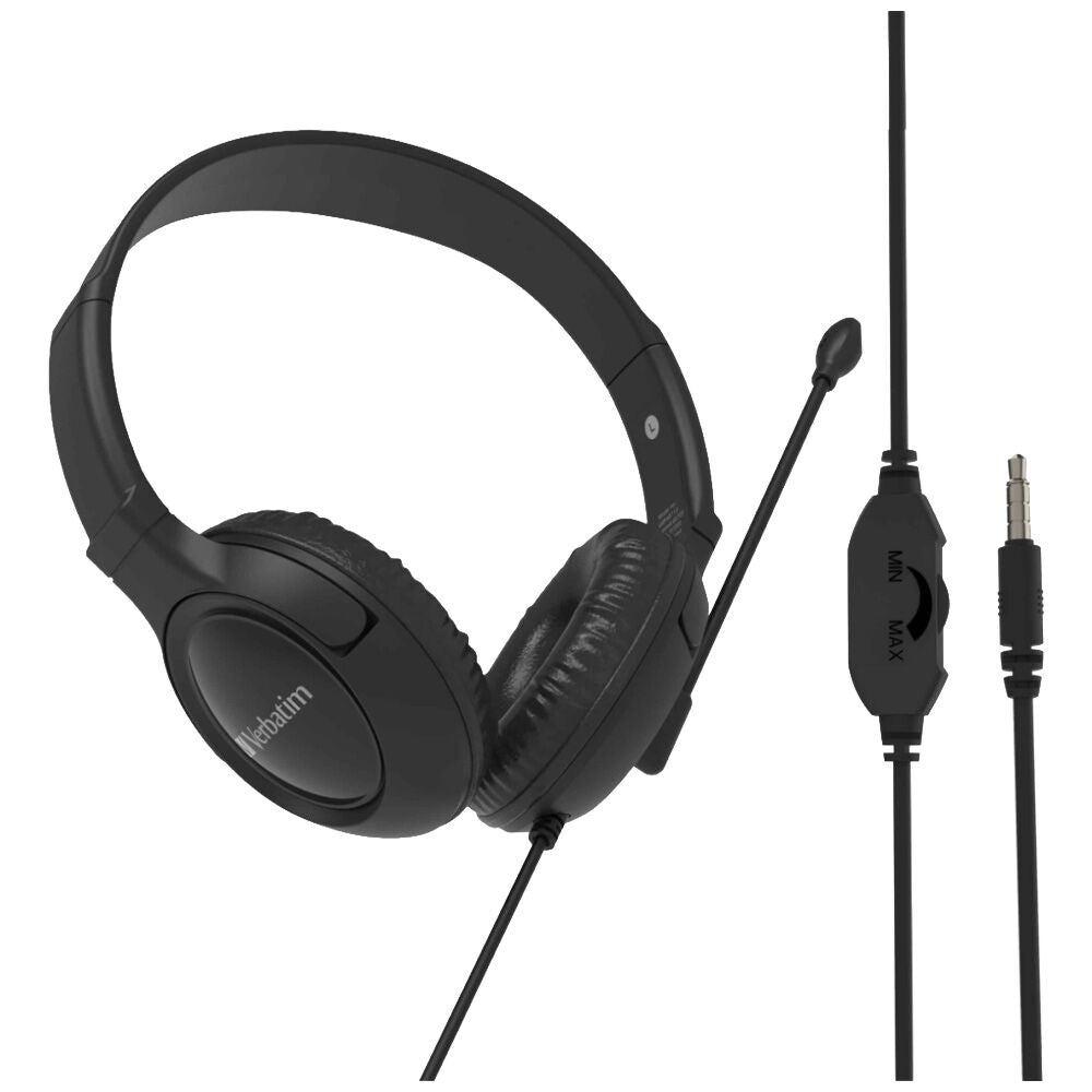 2PK VERBATIM Multimedia Wired Overear Headset W/ Noise Cancelling Boom Mic Black