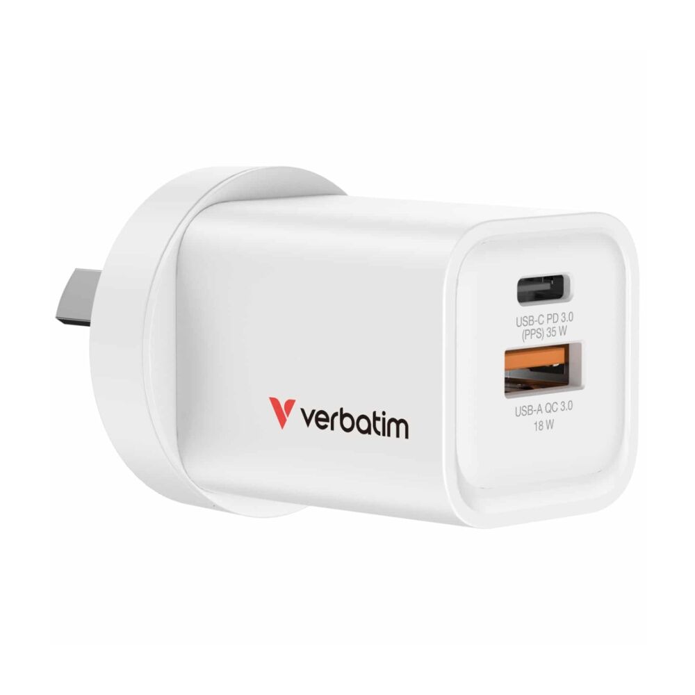 4PK VERBATIM AU/NZ GaN Wall Plug Charger 2 Port 35W USB A/C PCR White