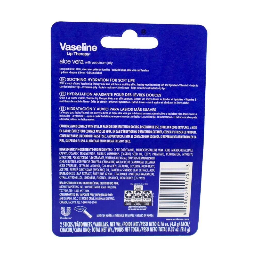 4x 2pc Vaseline Lip Therapy 48HR Aloe Vera Hydration Pack Nourishment 4.8g