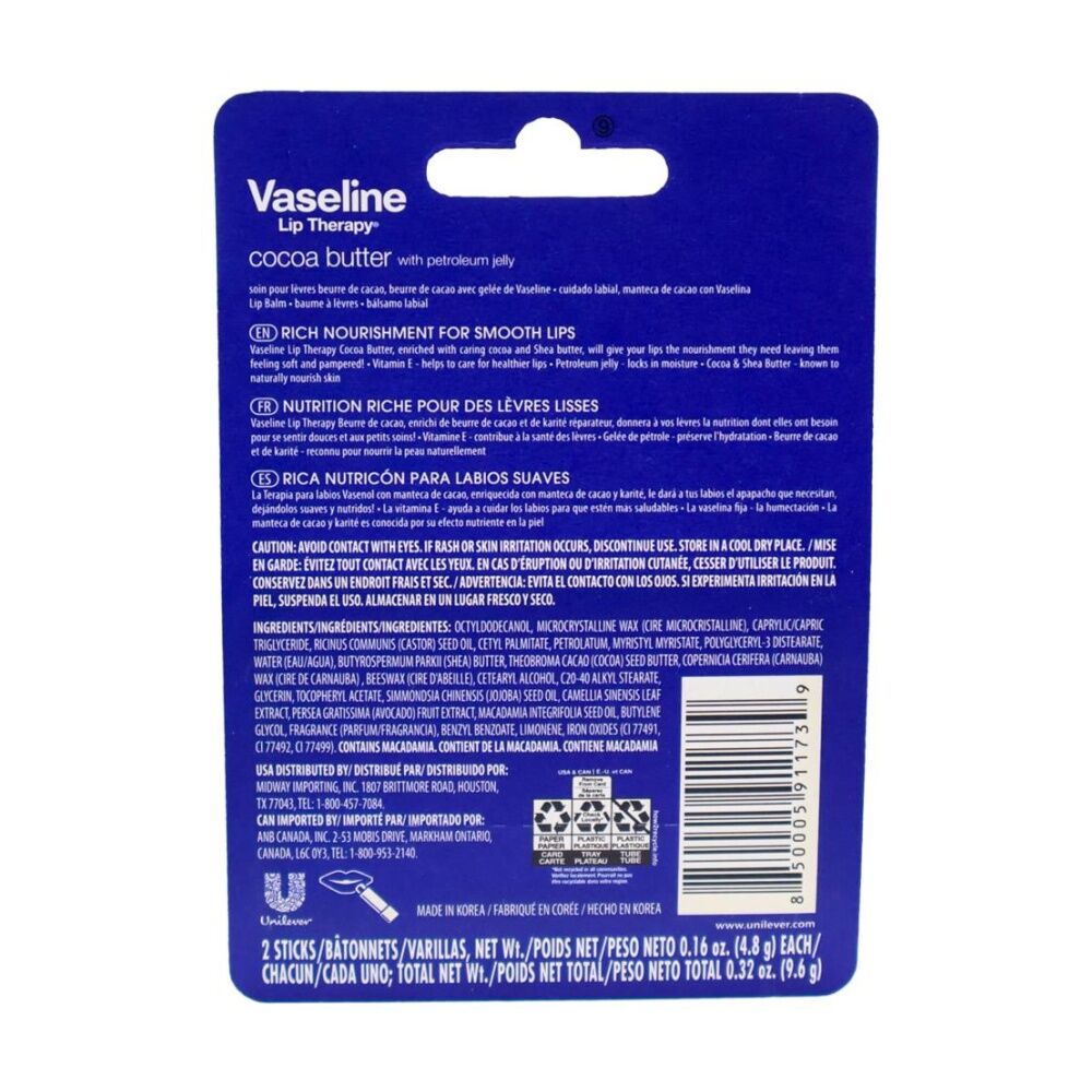 4x 2pc Vaseline Lip Therapy Cocoa Butter 48H Hydration Pack Nourishment 4.8g