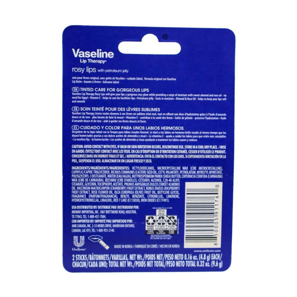 2x 2pc Vaseline Lip Therapy Rosy Lips 48H Hydration Pack Nourishment 4.8g