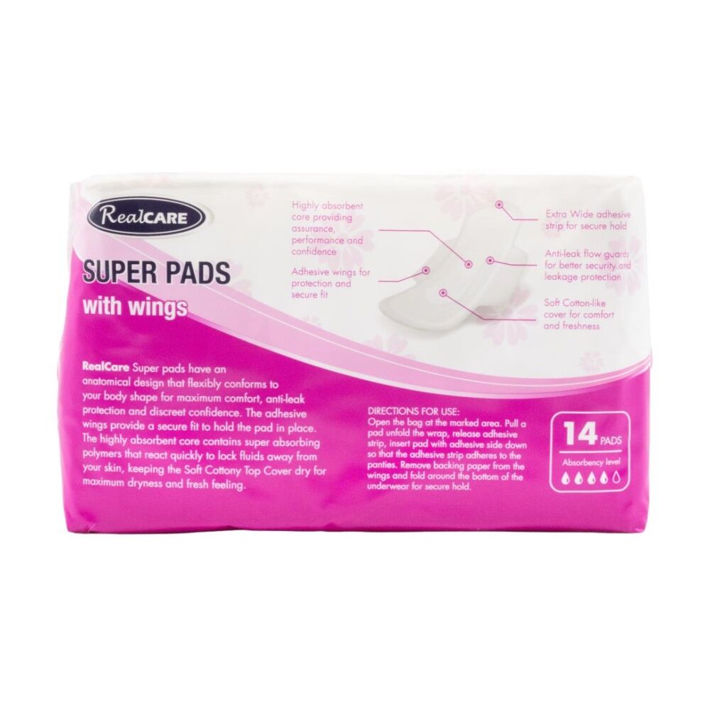 16x 14pc Real Care Women's Super Pads Absorbency Level 4 Sanitary Napkin