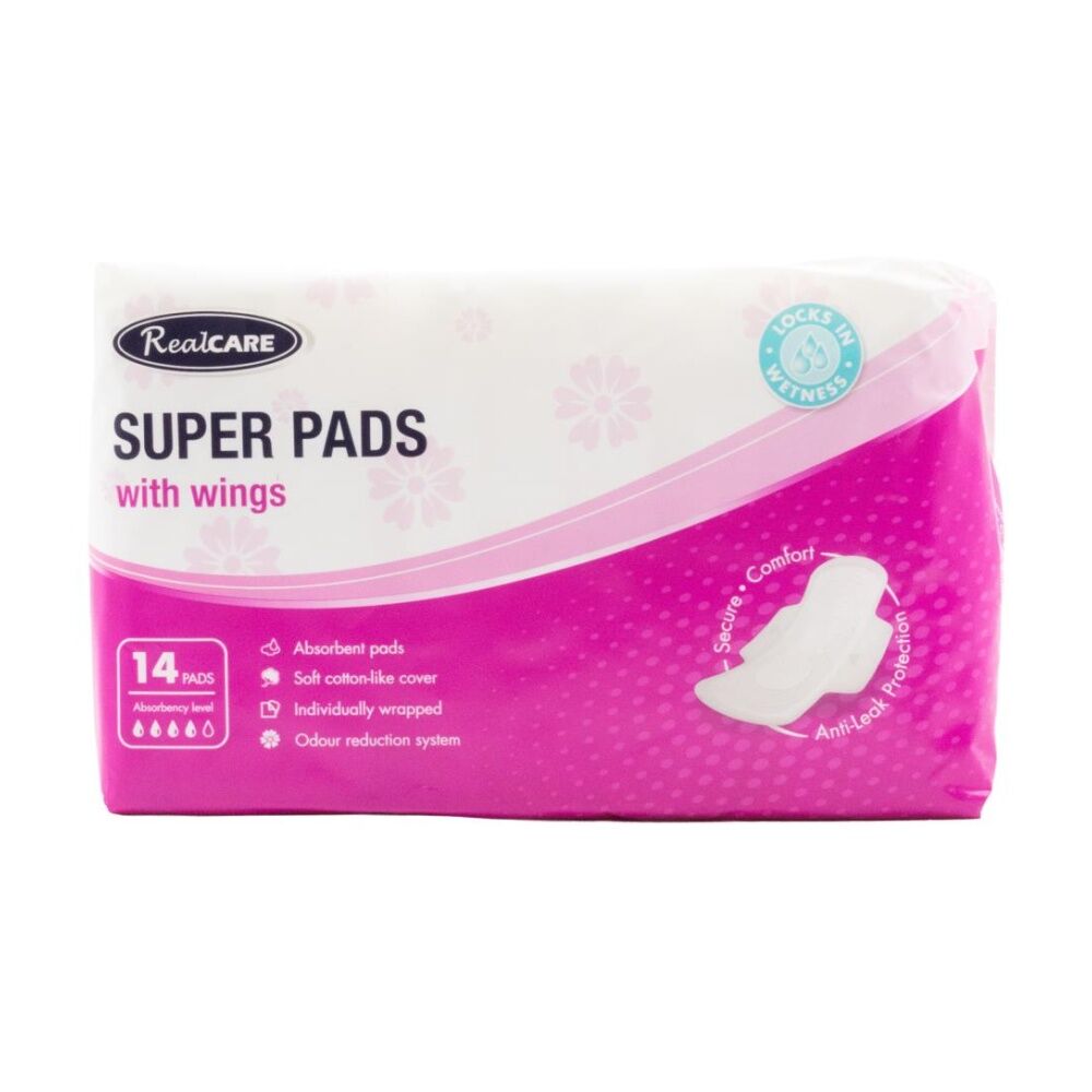 16x 14pc Real Care Women's Super Pads Absorbency Level 4 Sanitary Napkin