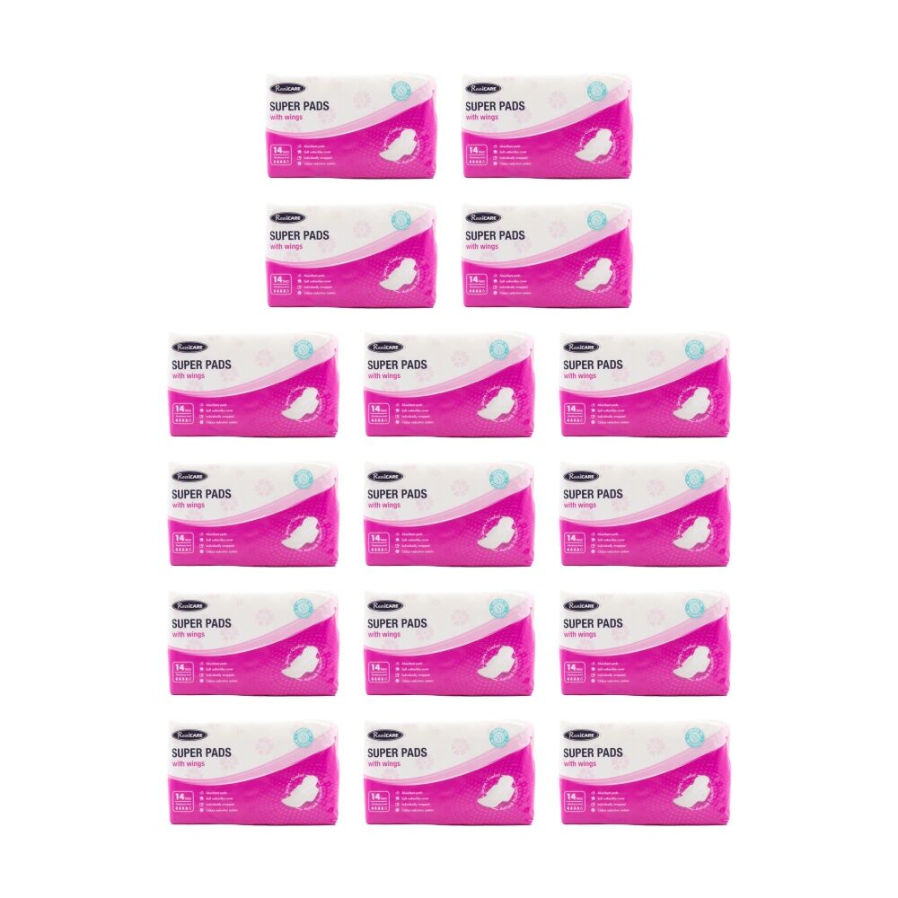16x 14pc Real Care Women's Super Pads Absorbency Level 4 Sanitary Napkin