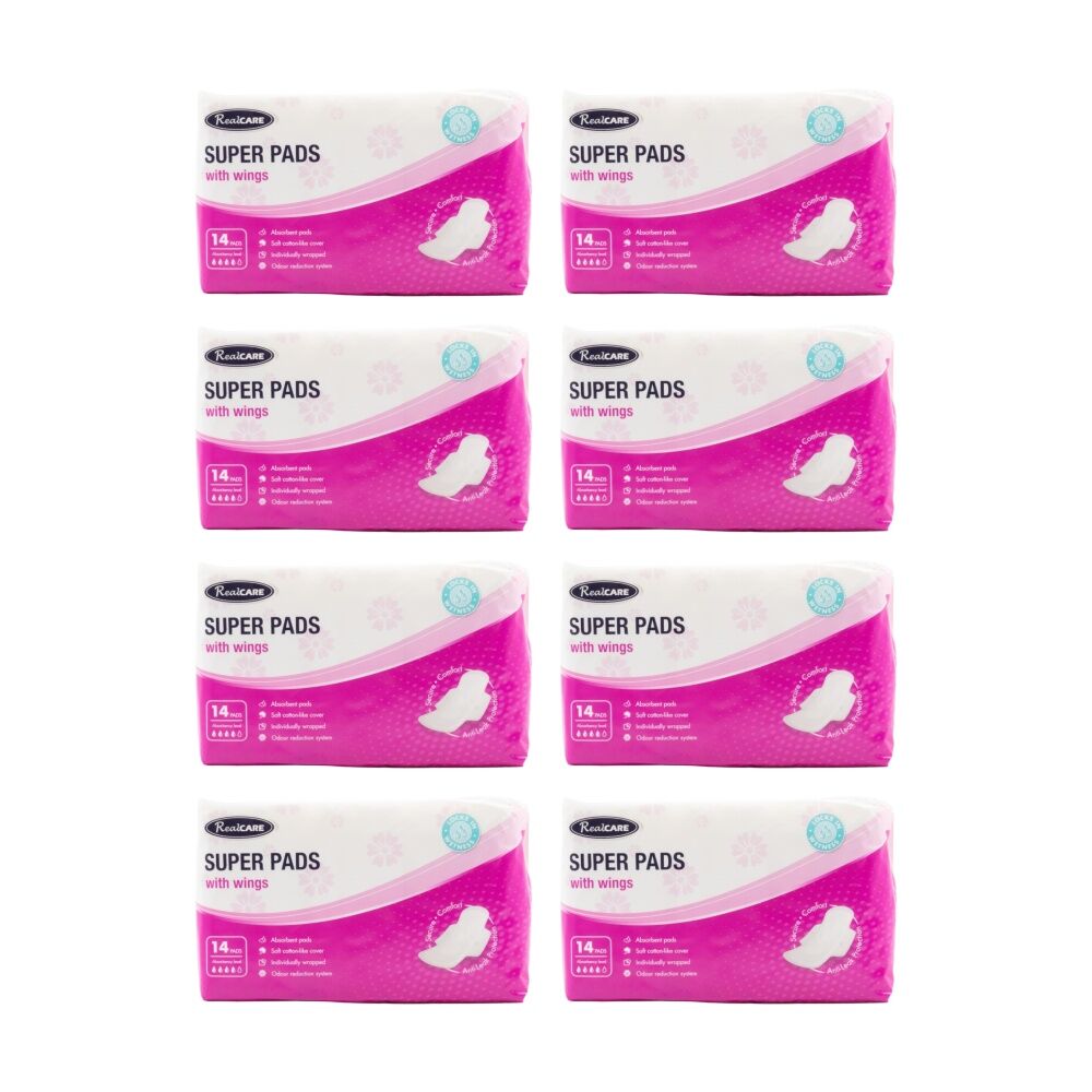 8x 14pc Real Care Women's Super Pads Absorbency Level 4 Sanitary Napkin