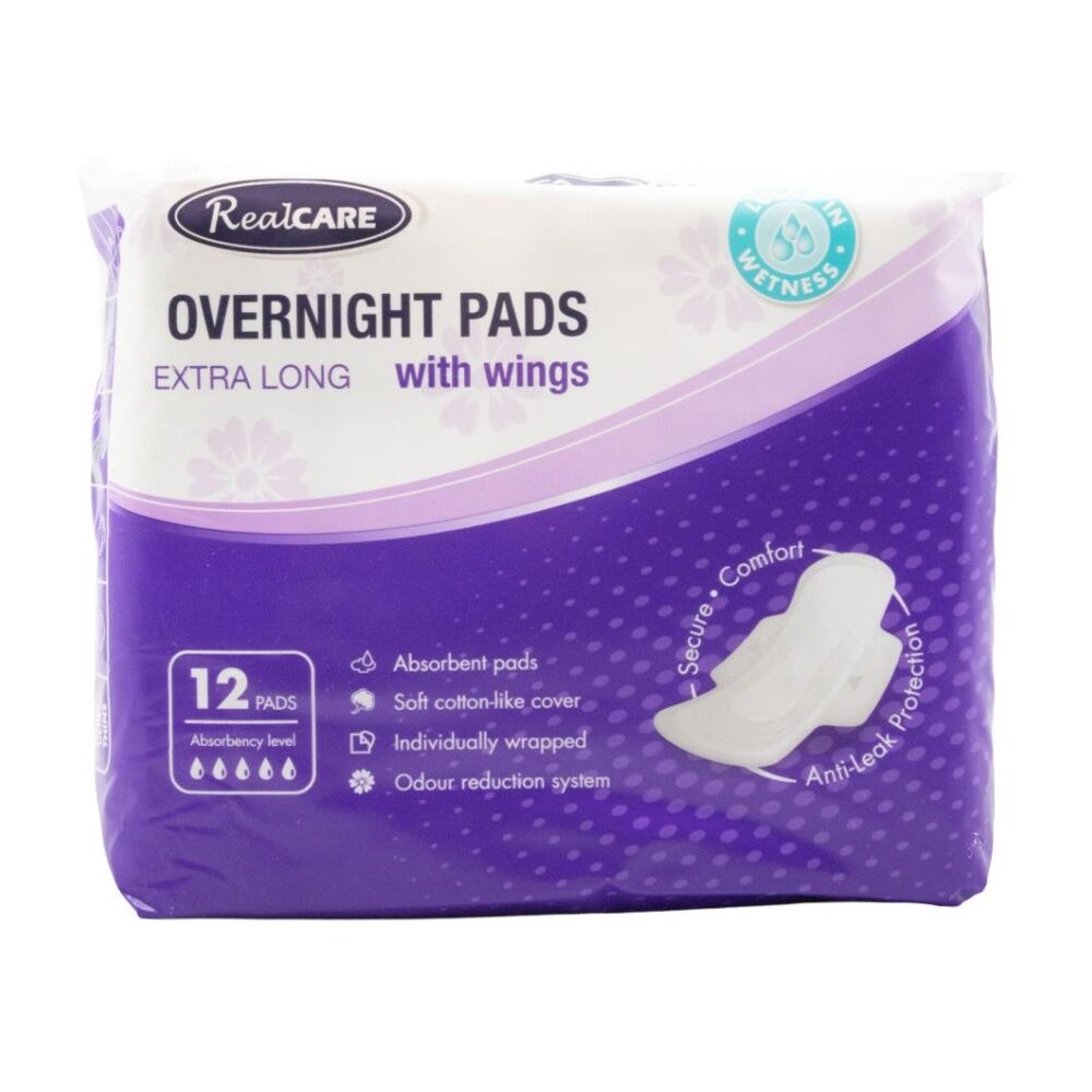 16x 12pc Real Care Overnight Pads Extra Long With Wings Absorbency Level 5 Pack