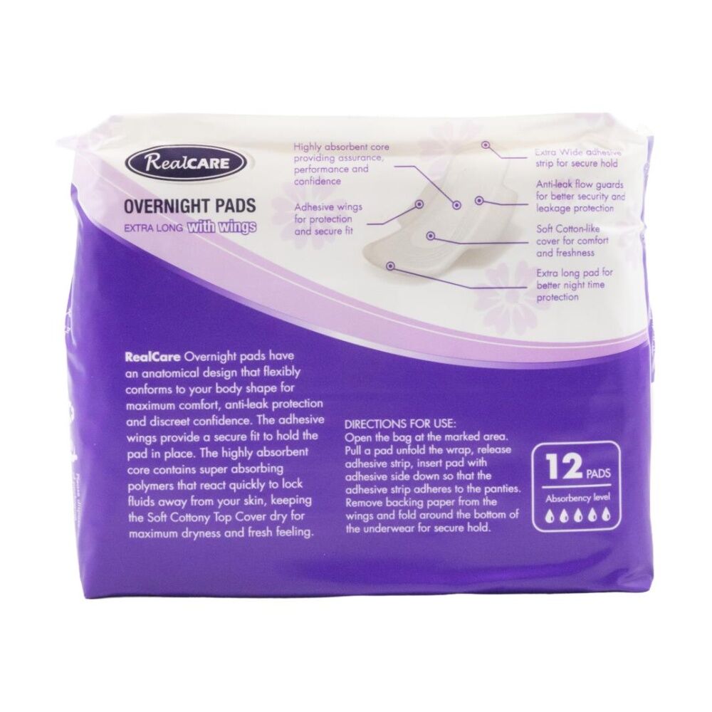 16x 12pc Real Care Overnight Pads Extra Long With Wings Absorbency Level 5 Pack