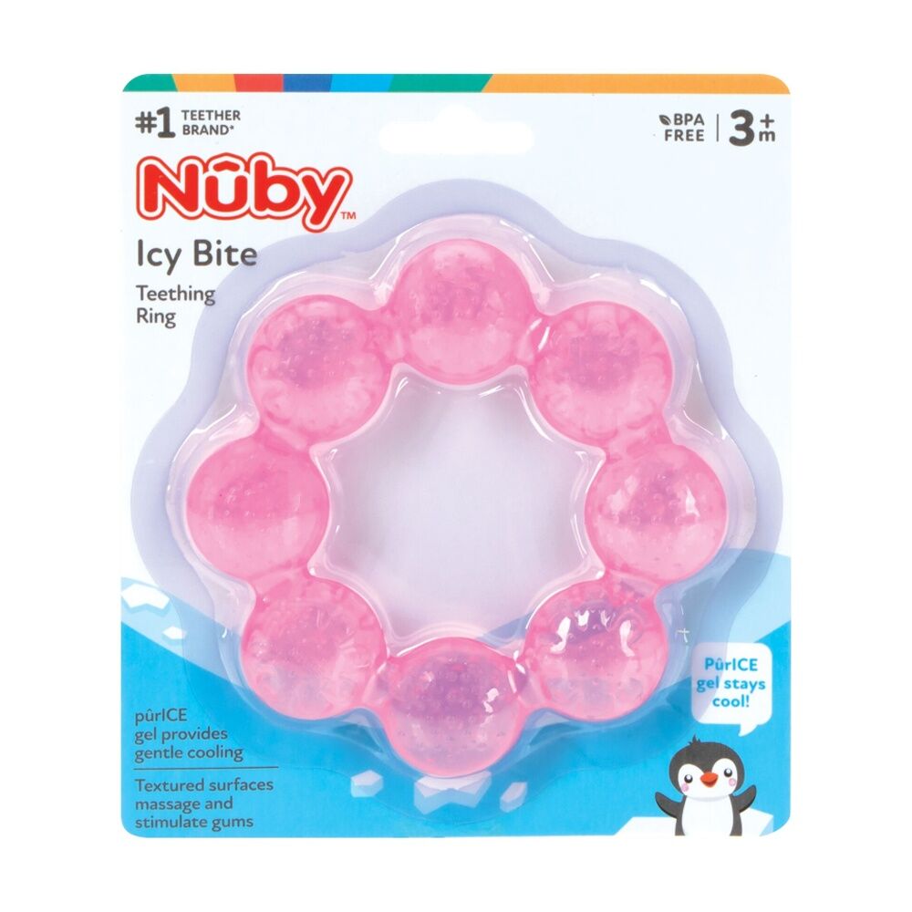 3x Nuby Icybite Teething Ring Cool Textured Soother Chew Baby Toy Pink 3m+
